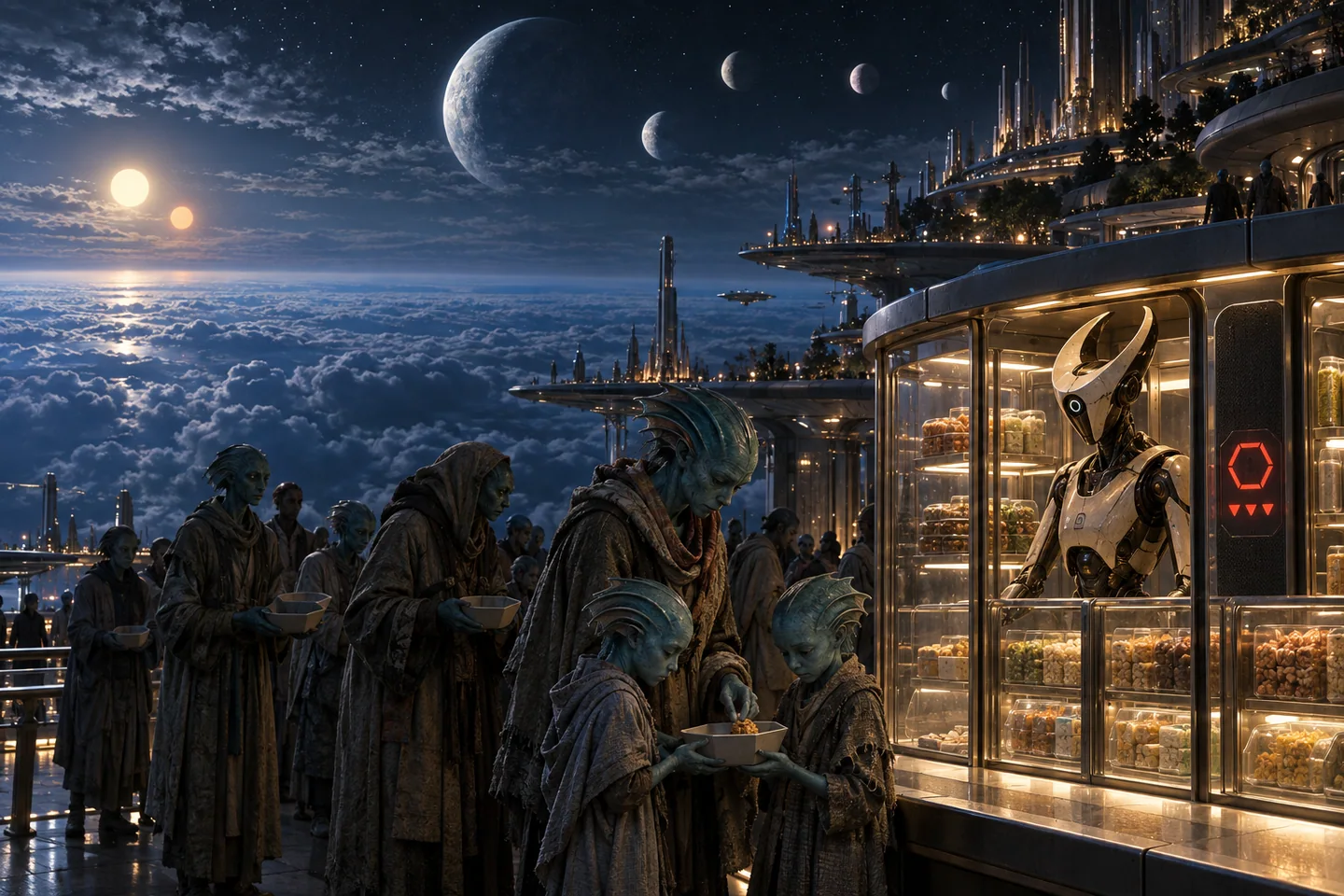 A queue beneath five moons